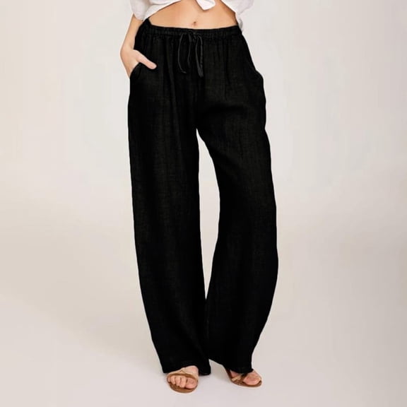 Juslio Pants for Women Plus Size Loose Drawstring Linen,High Waist Wide Leg Pants 4XL