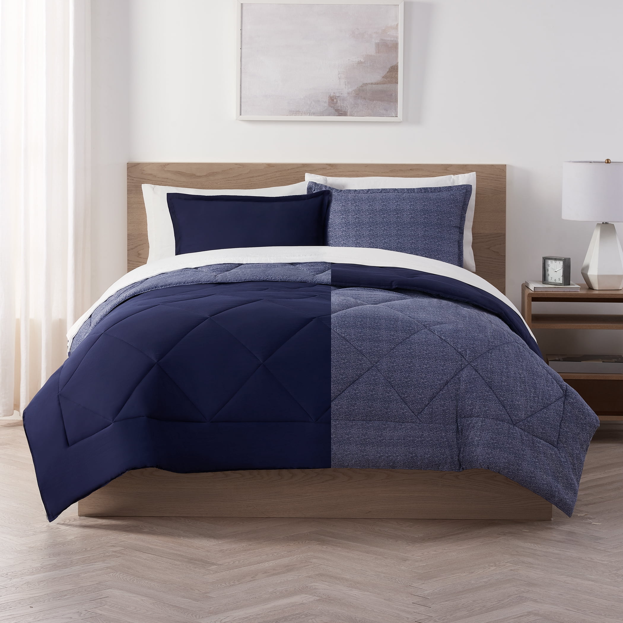 Serta Supersoft Navy Solid Reverse to Print Comforter Set, King (3-Piece)