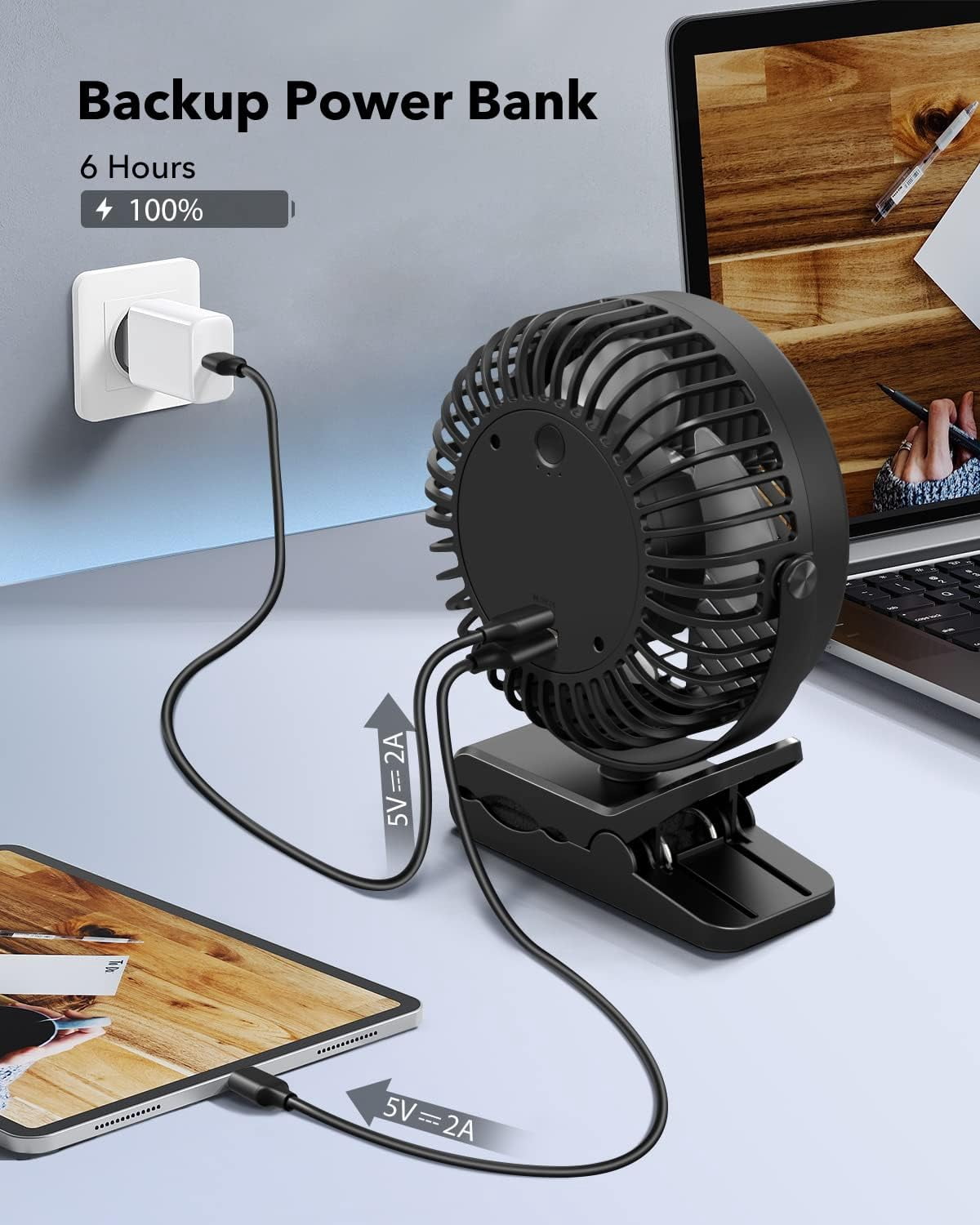 Portable 3-Speed Clip-on camping Fan with Sturdy Clamp 10000mAh Battery-Powered Clip Fan Rechargeable Ultra-Quiet for Bedroom Office Camping & Stroller