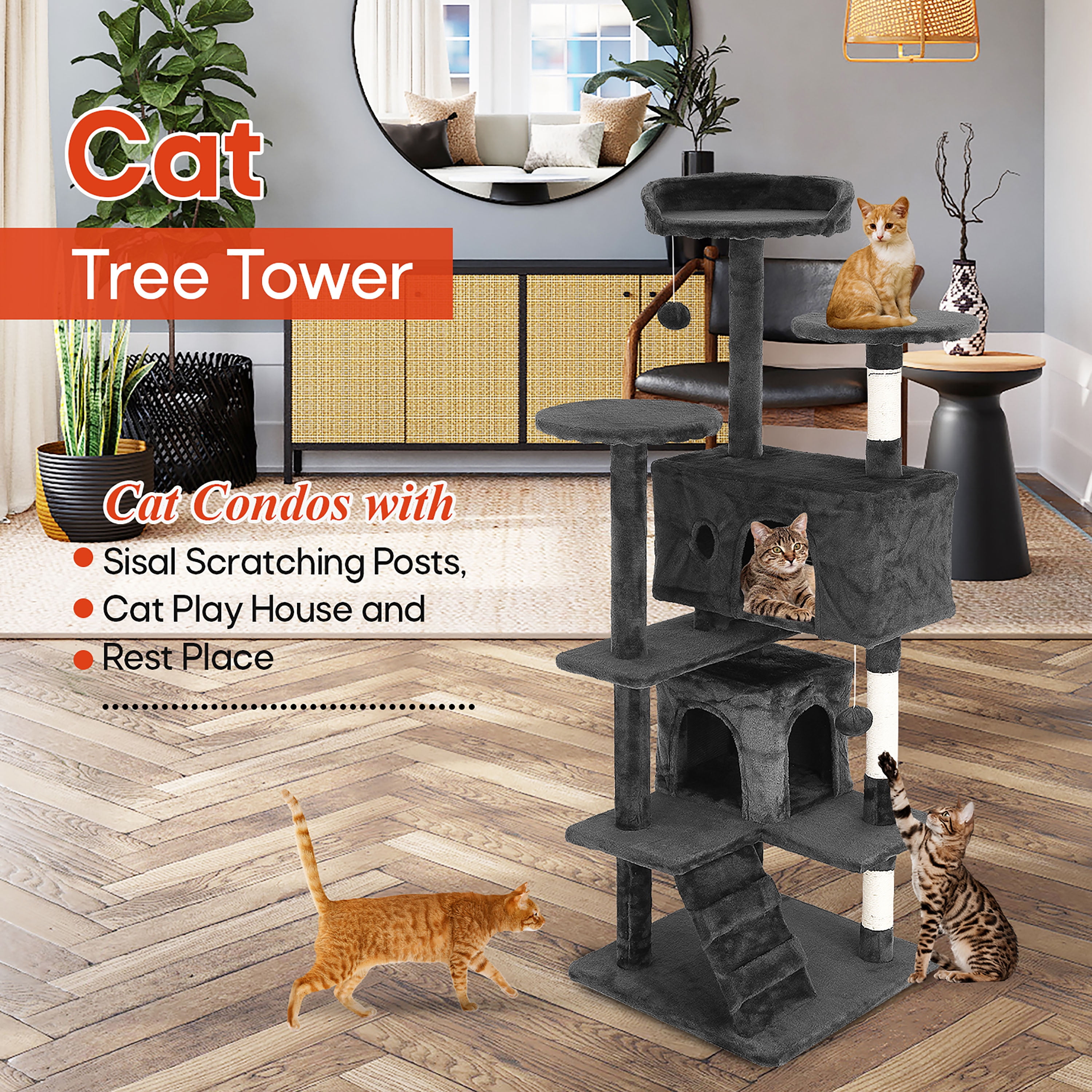 Tabby Indoor Upholstered Faux-Fur Wood Dark Gray Cat Condo Tree Tower for Pet Room