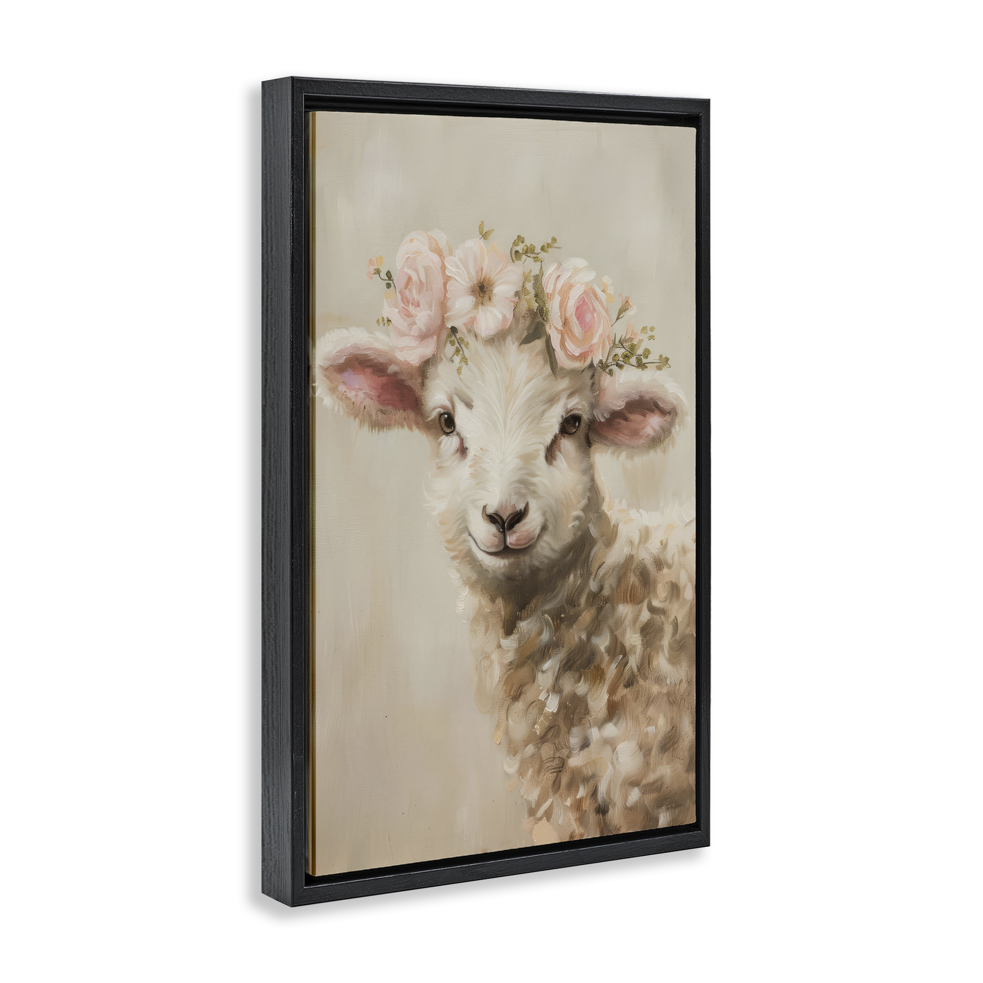 Stupell Industries Soft Floral Lamb Animals & Insects Painting Black Floater Framed Canvas Art Print Wall Art, 17 x 25