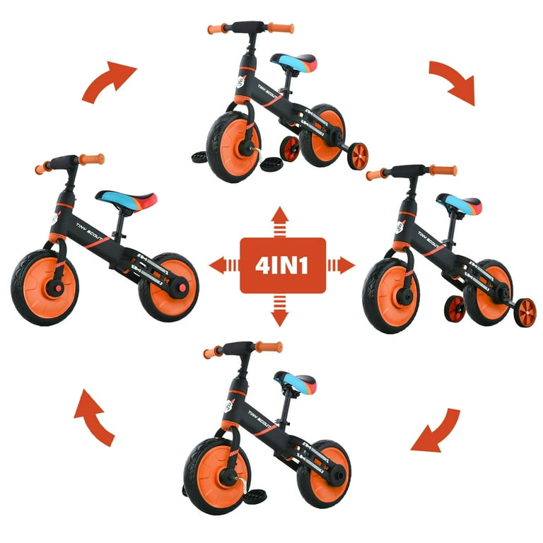 Ubravoo 4 in 1 Tiny Scout Balance Bike for Kids from 3 4 5 Years Rear Double Rod Orange