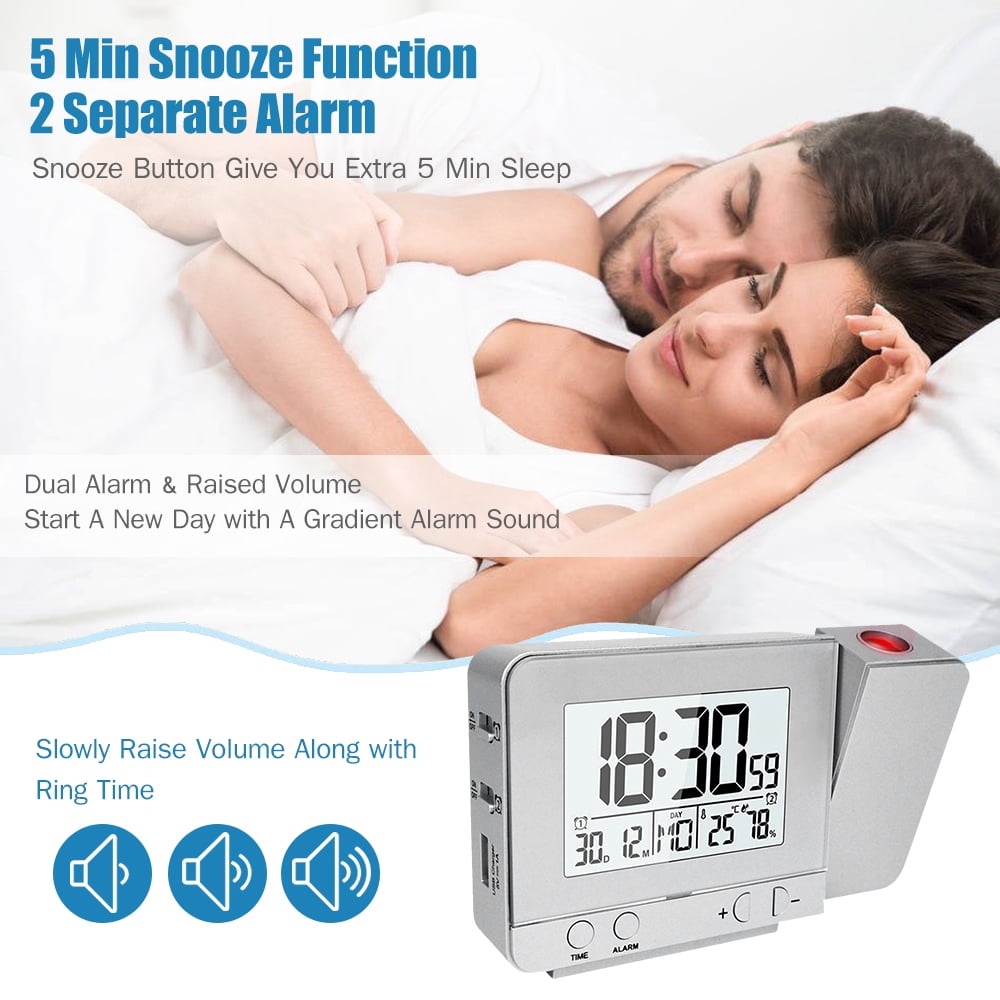 Projection Alarm Clock For Bedroom With Thermometer Hygrometer Digital Project Ceiling Clock Dimmable Led Display With Usb 180°Rotable With Dual Alarms 12/24H Snooze