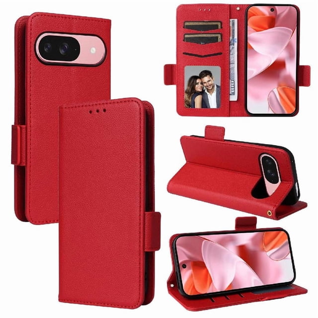 Wallet Case for Google Pixel 10 Flip Cover with Card Slots & Kickstand Red