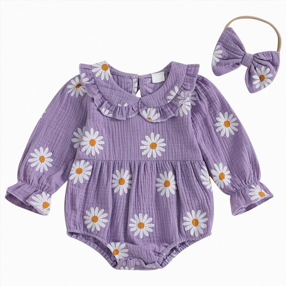 KPOPLK Baby Girl Summer Clothes Muslin Bubble Romper Long Sleeve Ruffle Smocked Outfit Set 0 3 6 9 12 18 Months(6-12 Months,Purple)