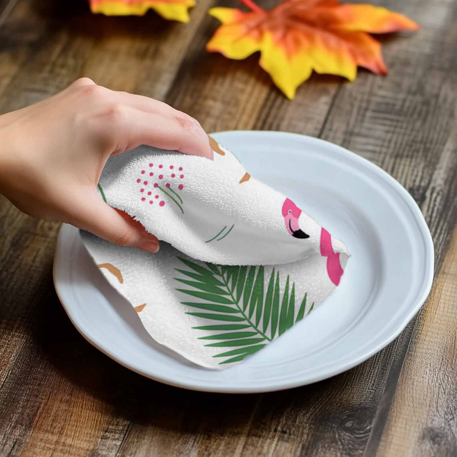 Pink Flamingos Kitchen Towel Dish Cloths Set of 2, Microfiber Soft Kitchen Hand Towels, Summer Green Tropical Palm Leaves Absorbent Quick Drying Dishcloths 18 x 28 Inches