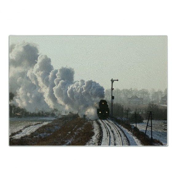 Steam Engine Cutting Board, Train on Rails Winter Snow Landscape Steel Industrial Theme Rural Town Print, Decorative Tempered Glass Cutting and Serving Board, Small Size, Pale Grey, by Ambesonne