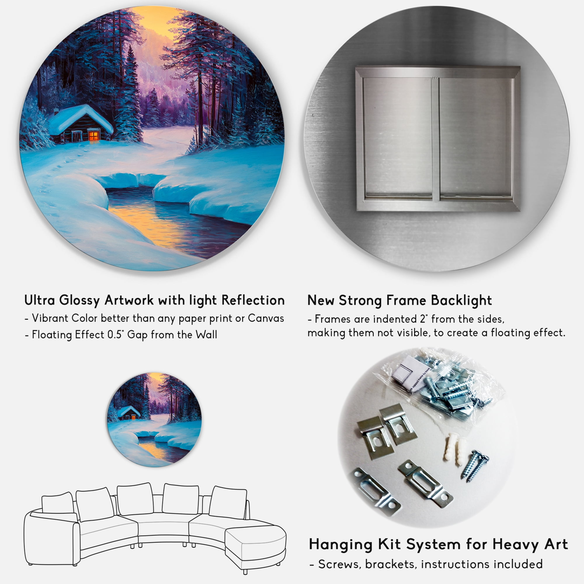 Designart 'Old Cabin In Winter Forest In Evening Glow II' Traditional Circle Metal Wall Art 29x29 - Disc of 29