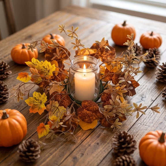 Halloween Harvest Maple Leaf Candle Wreath, Fall Aromatherapy Candlestick Ring with Berries and Pumpkins, Autumn Table Centerpiece Decoration for Dining Room Desktop Home Decor