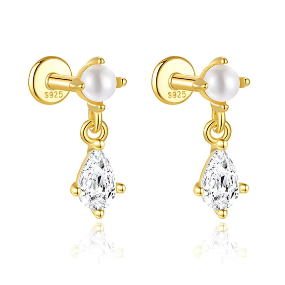 Pearl Dangle Flat Back Earrings for Women Sterling Silver 16g Cartilage Helix Lobe Body Piercing Stud Ginger Lyne