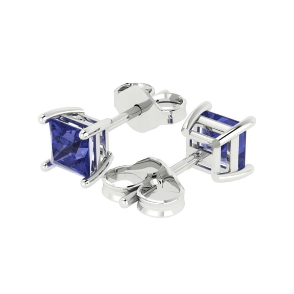 1.0 Ct Princess Cut Studs Blue Tanzanite 18K White Solid Solid Gold Everyday Dainty Earrings Push Back