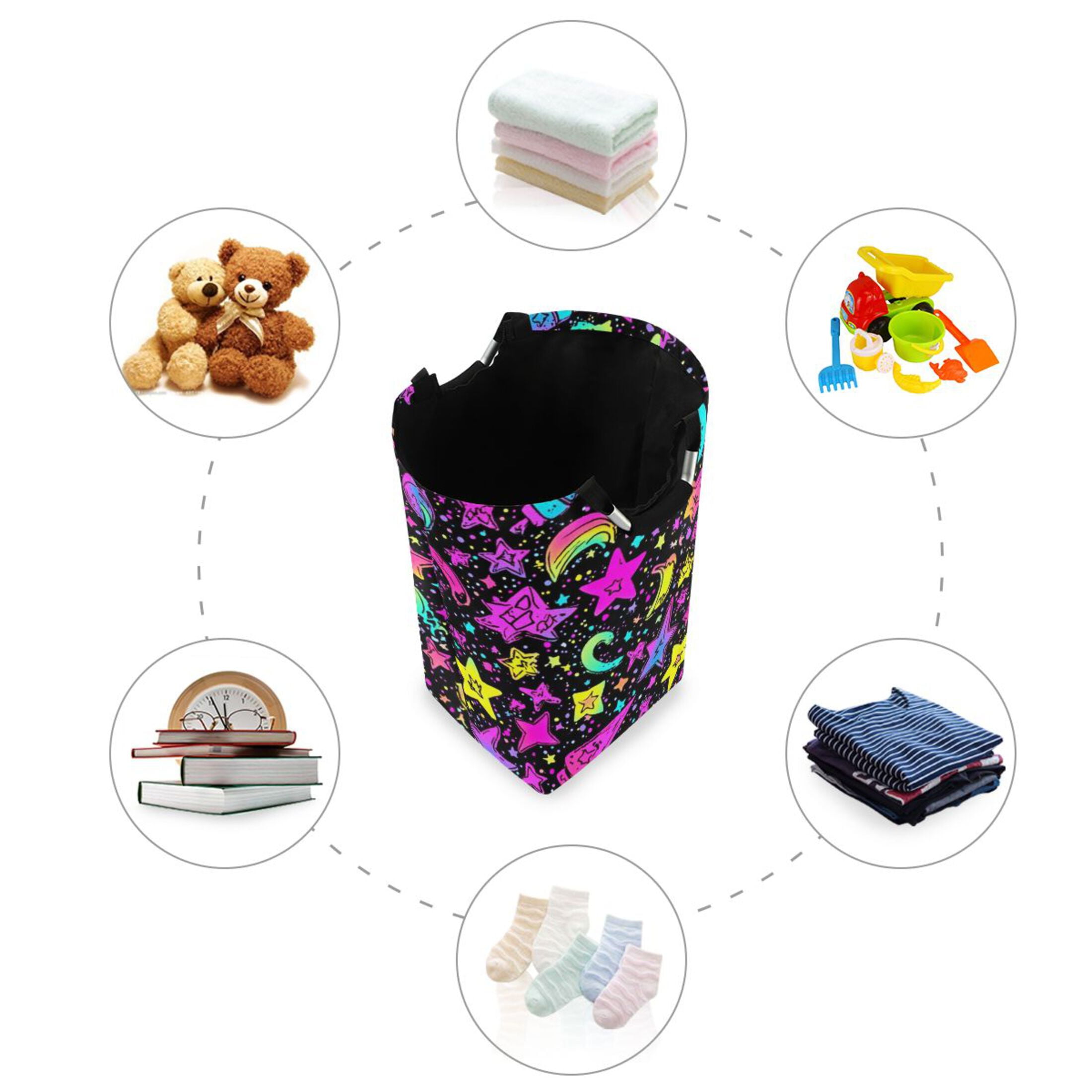Neon Stars Print Laundry Basket with Handles 50L Collapsible Laundry Hamper for Bathroom Bedroom Laundry Room