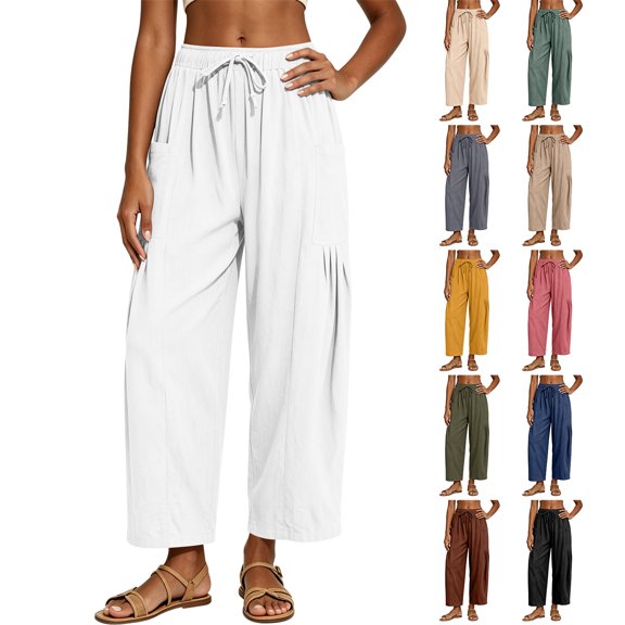 Linen Barrel Pants Women Drawstring High Waisted Wide Leg Trousers Summer Lounge Pants with Pockets Boho Beach Pant, 2XL