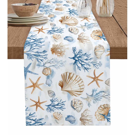 Coral Starfish Table Runner 70 Inches, Coastal Ocean Blue Conch Beach Scenery Bed Runner Dresser Scarves Tabletop for Indoor Outdoor Parties/Ceremony/Banquet, 13" x 70"