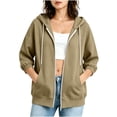 thumbnail image 5 of Women's Hoodie Dqueduo Women's Oversized Casual Solid Color Zip-Up 3/4 Sleeve Elastic Cuff Jacket – Drawstring Hoodie Khaki XL, 5 of 6