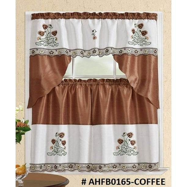 3 Piece Kitchen Curtain Set Brown Beige Color Flower Print 2 Tiers And 1 Valance Ahfb0165 Coffee Walmart Com Walmart Com