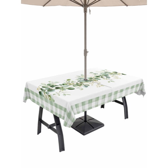 Outdoor Tablecloth with Umbrella Hole for Patio/Picnic/Party/Camping, Eucalyptus Leaves Waterproof Table Cloth Rectangle Table Cover Washable, Sage Green Plaid Watercolor (60"x 102")
