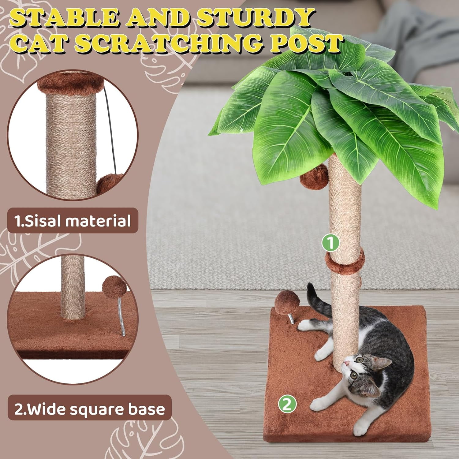 Cat Scratching Post for Indoor Cats,33.5” H Sisal Scratching Post for Kitten & Large Cat, Cat Scratch Post with Spring Ball,Brown