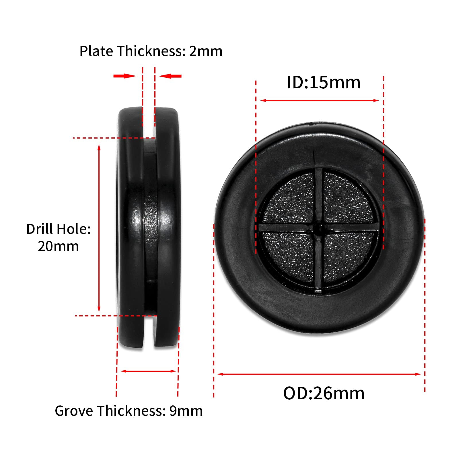 Flyshop Black Double-sided Synthetic Rubber Grommets Wire Protection, 8-Pack Round Rubber Hole Plugs, 20 mm 13/16" Drill Hole, 15 mm 19/32" ID