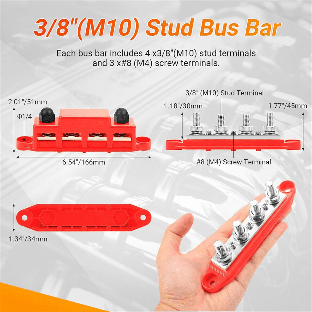 Power Distribution Block, 12V 300A Bus Bar, 3/8Inch Studs Terminal Strip, 12-48V Heavy Duty Terminal Block