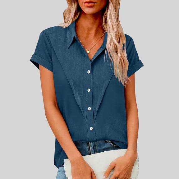 BRGZLK Linen Shirts for Women Spring Summer Trendy Loose Fit Breathable Button Down Short Sleeve Work Casual Business Blouses Dark Blue 5XL