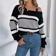 thumbnail image 6 of Contrast Color Striped Long Puff Sleeve Women's Pullover Casual Loose Fit Sweater Cold Shoulder Metal Buckled Jumper Top, 6 of 9