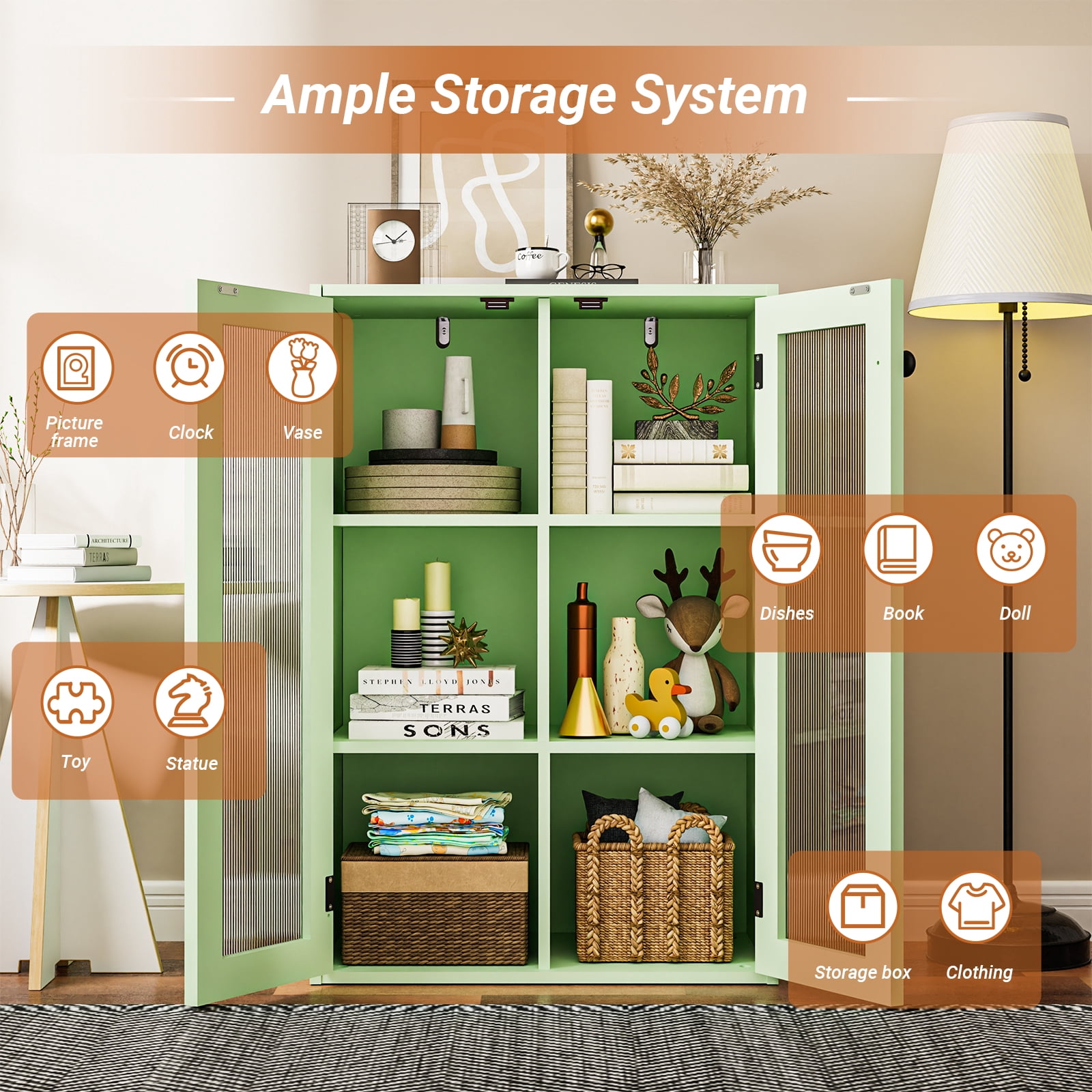 KZElegy Storage Cabinet 6 Cube Shelf with Glass Door ,Wall Mount or Freestangd Cabinet With Doors,11" Cube,Green