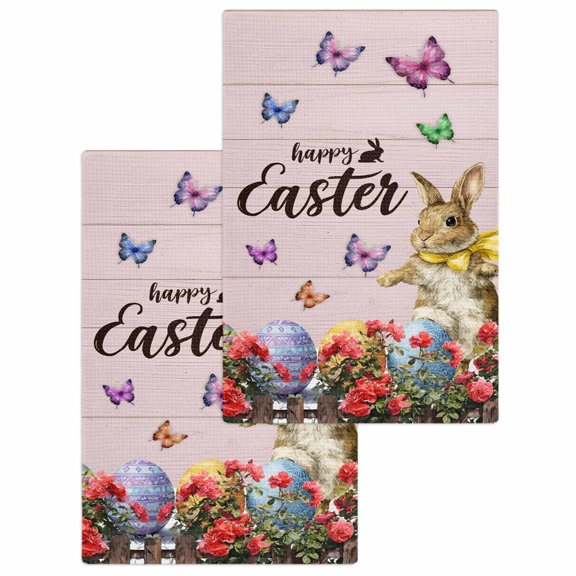 Spring Easter Bunny Kitchen Dish Towels for Drying Dishes Set of 2, Pink Wooden Red Floral Easter Eggs Waffle Weave Microfiber Hand Tea Bathroom Towels Quick Dry & Absorbent Towel 15.7x23.6
