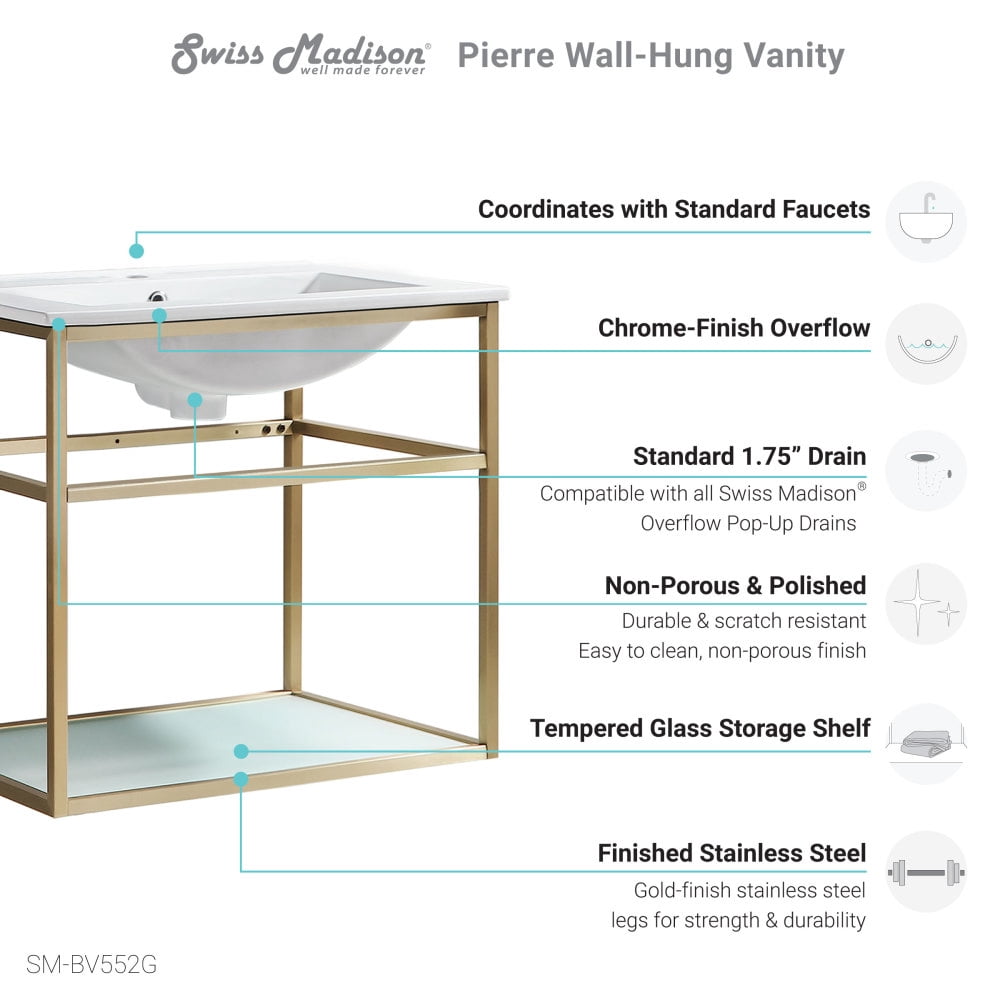 Pierre 24 Single, Open Shelf, Gold Metal Frame Bathroom Vanity