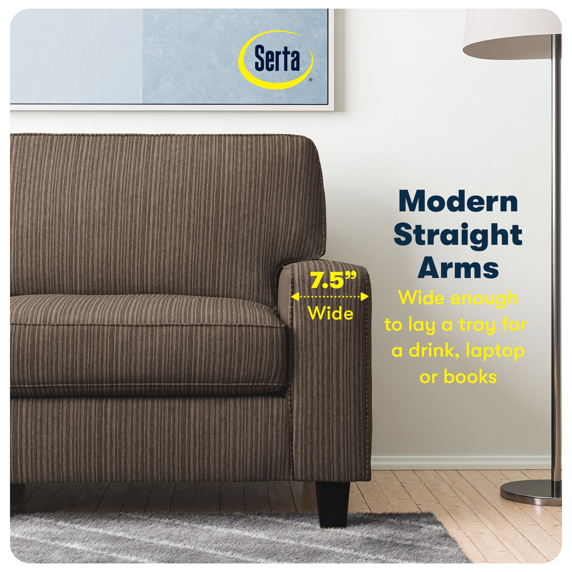 Serta Palisades 61" Track Arm Sofa, Easy Care Polyester, Loveseat or Couch for Small Spaces, Brown