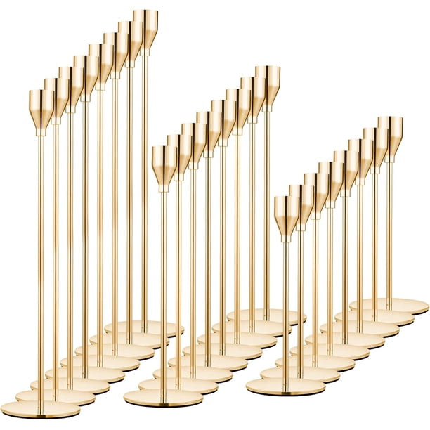 Juego de 24 portavelas dorados para velas cónicas, candelabros decorativos de metal dorado para bodas, cenas, fiestas, decoración del hogar, se adapta a velas de 3/4 pulgadas de grosor y