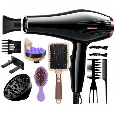 Professional Hair Dryer with 11 Styling Attachments， For Home and Travel, Gift-Ready, Unisex Fast Drying  and Hair Care,Black