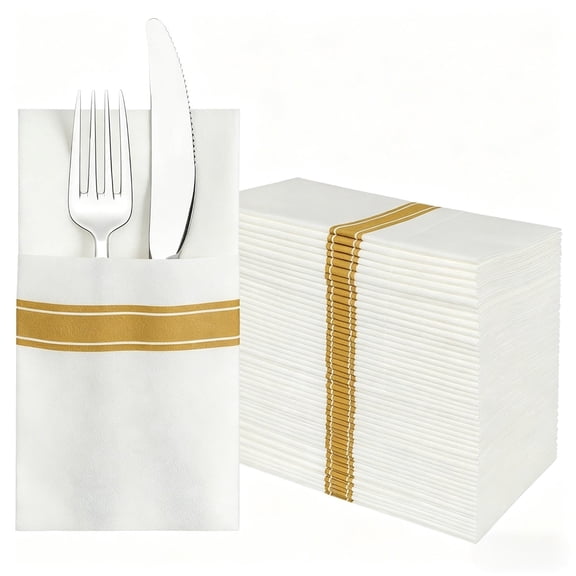 MAOXUAN 50 packs of disposable linen touch napkins, gold printed pre folded decorative napkins, suitable for weddings and parties