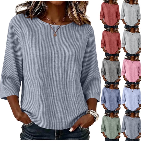 GERsome Women's Striped Shirts 3/4 Sleeve Crew Neck Comfy Cotton Linen Casual T-Shirts Loose Fit Navy L