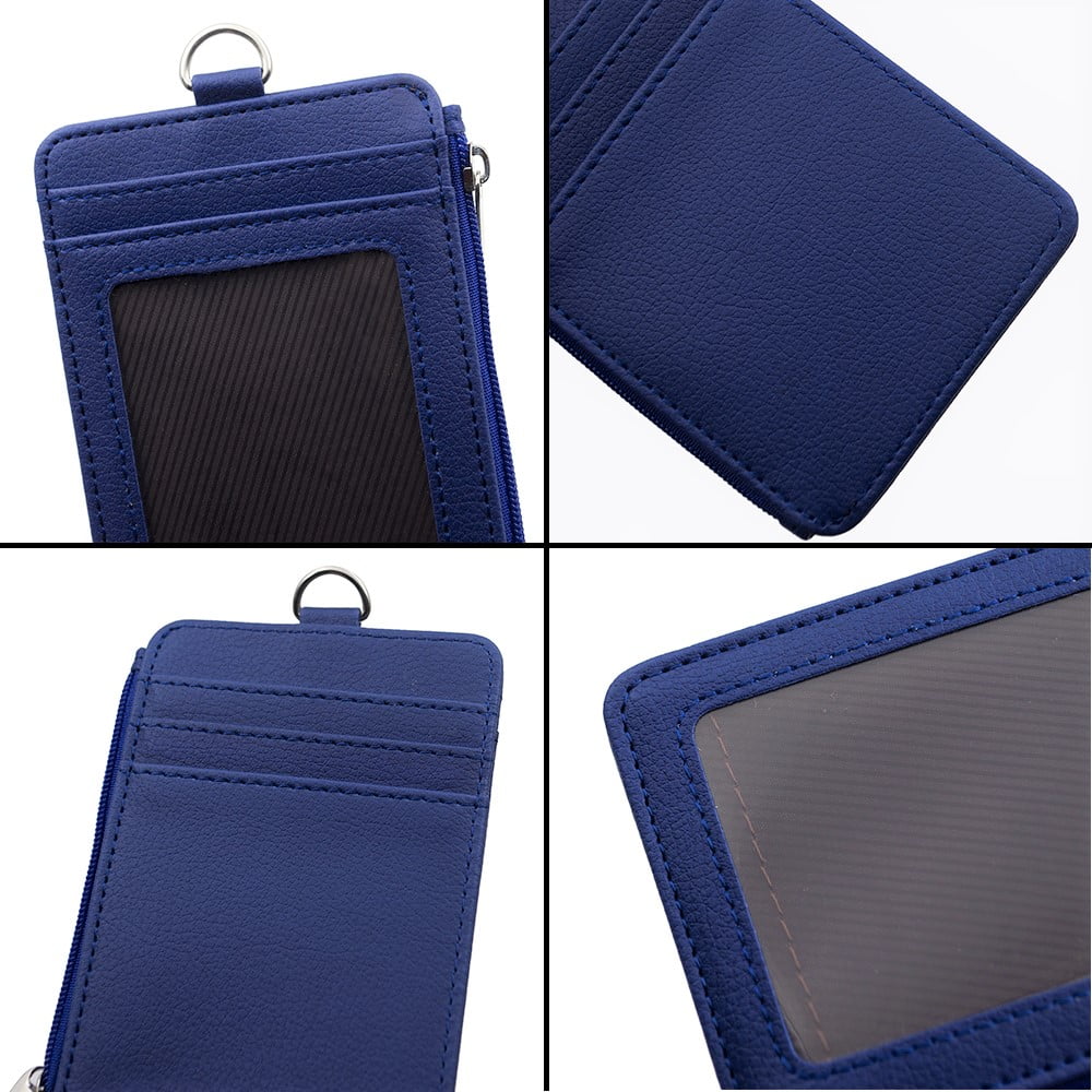 Badge Holder with Zip, Slim Double Sided PU Leather ID Card Holder Wallet Case with 5 Card Slots, 1 Side Zipper Pocket and 18" PU Neck Lanyard/Strap, Vertical-Blue5PCS