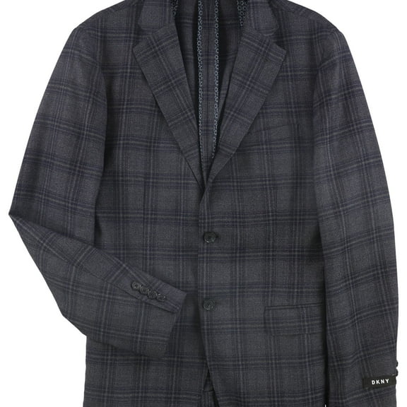 DKNY Mens Plaid Two Button Blazer Jacket, Blue, 42 Regular
