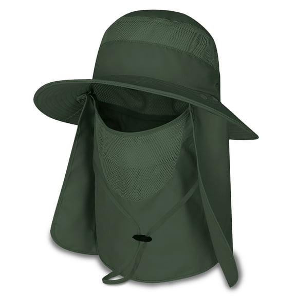 Fishing Sun Bonnie Bucket Hat Unisex Adult 360% UV UPF 50+ Solar Protection Lightweight Outdoor Summer Wide Brim Visor Cap with Detachable Neck Flap, Face Cover Mask, Windproof, For Beach, Army green
