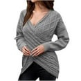 thumbnail image 2 of Sweaters for Women 2025 Deep V Neck Long Sleeve Cross Wrap Front Cable Knit Slim Jumper Tops Womens Pullover Sweaters, 2 of 6