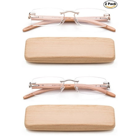 Newbee Fashion-2 Pack High Quality Lightweight Real Wood Reading Glasses for Women & Men Stylish Rimless Design Rectanglur Shape Spring Hinge for Comfortble Fit with