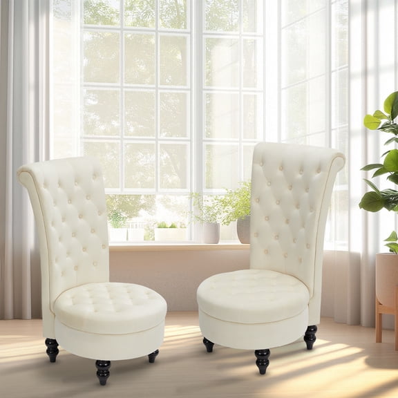 AVAWING High-Back Velvet Throne Chair Set of 2, Retro Royal Armless Chair, Indoor, Beige