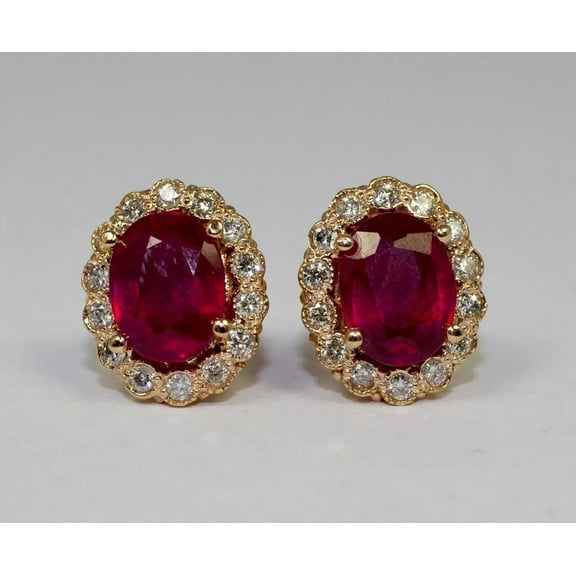 Attractive 3Ct Oval Cut Red Ruby & Diamond Halo Stud Earring 14k Yellow Gold Plated Silver