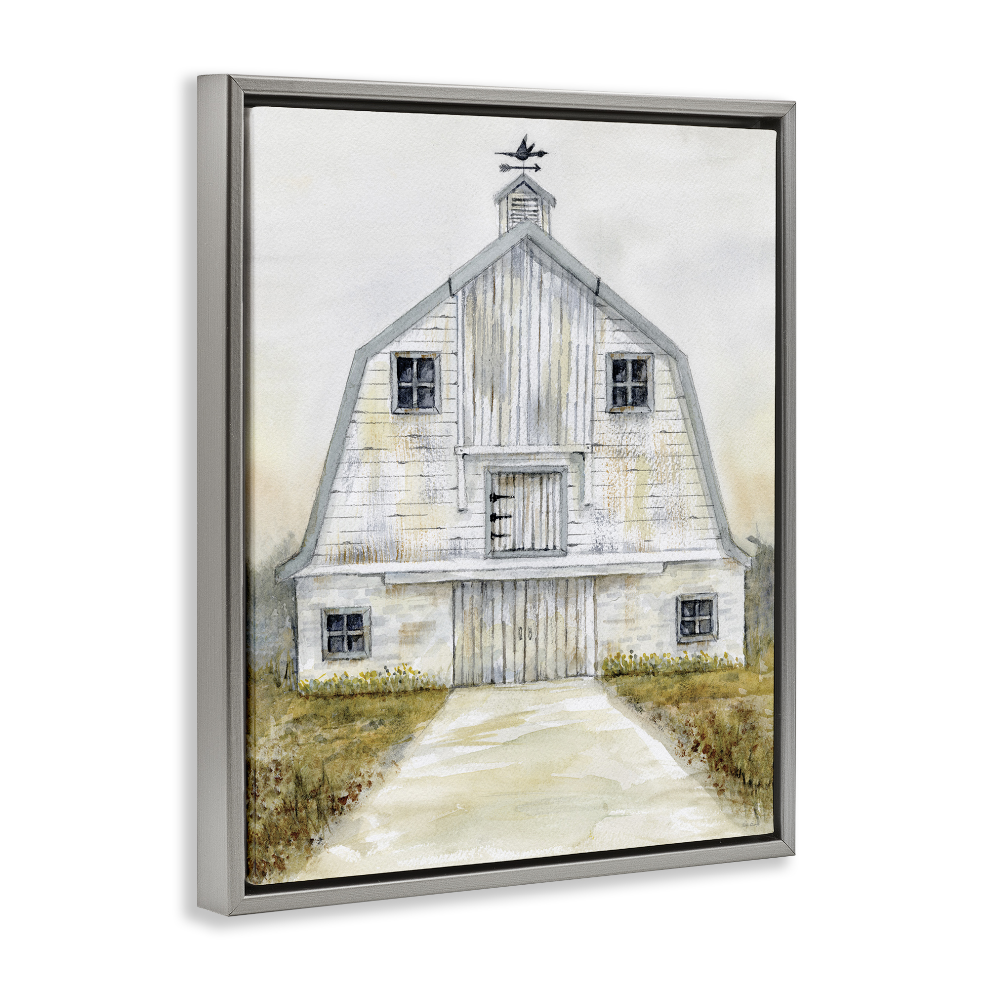 Stupell Industries White Barn Grey Trim Landscape Painting Gray Floater Framed Canvas Art Print Wall Art, 25 x 31