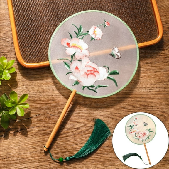Green Chinese Round Hand Fan, Double Embroidery Tassel, Chinese Round Hand Fan with Double Embroidery, Tassel, Premium Material, Wooden Handle, Elegant Occasion, Traditional Design, By Kingtowag