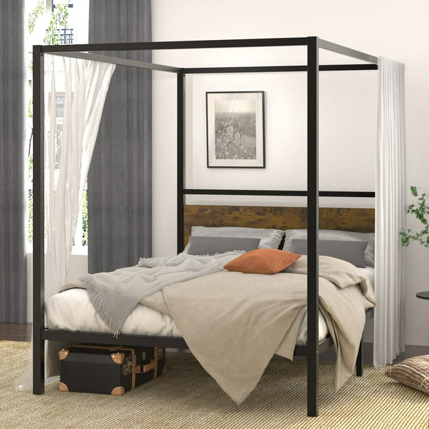 Metal Four Poster Canopy Bed Frame, Wooden Style Canopy Bed Frame