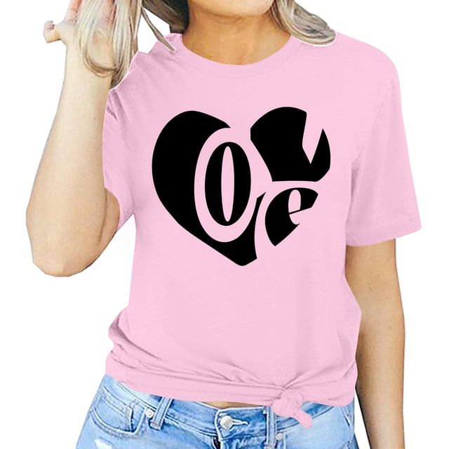 Meichang Valentines Day Tee-Shirt Femme Imprimé Cœur Mignon Col Rond Manches Courtes Vacances T-Shirts Valentines Day