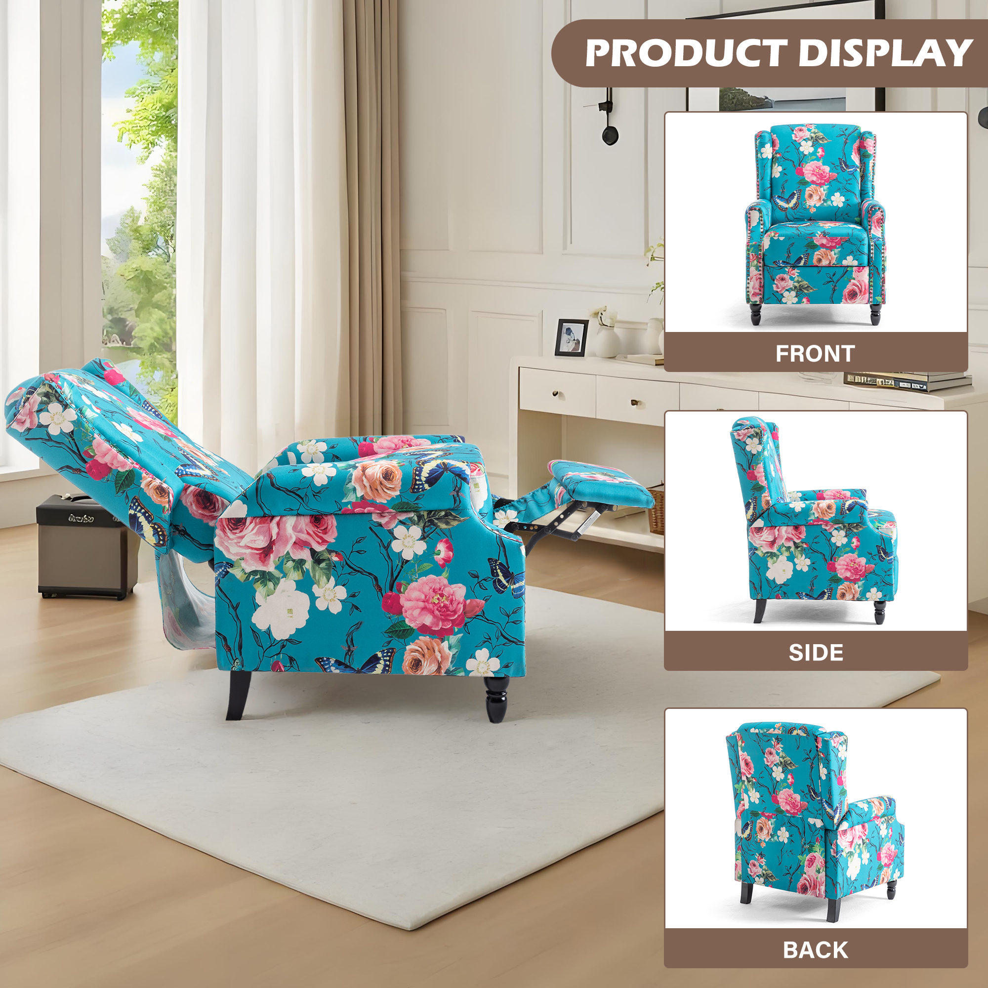 UIXE Floral Pushback Recliner Chairs Set of 2, Fabric Upholstered Armchair Push Back Accent Chair for Living Room, Rivet Trim Club Chair Home Theater Single Sofa Reading Seat, Peacock Blue
