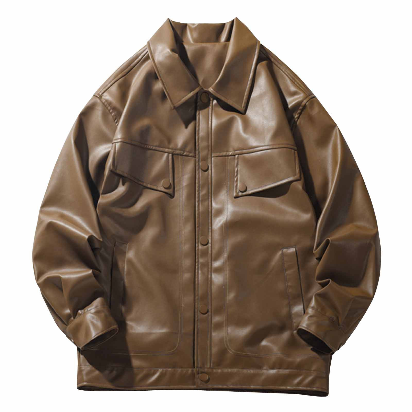 Maoxin Mens Jacket Retro Men's Solid Color Snap Pocket Casual Loose Long Sleeved Hooded Leather Jacket Coat Jackets for men Coffee 4XL