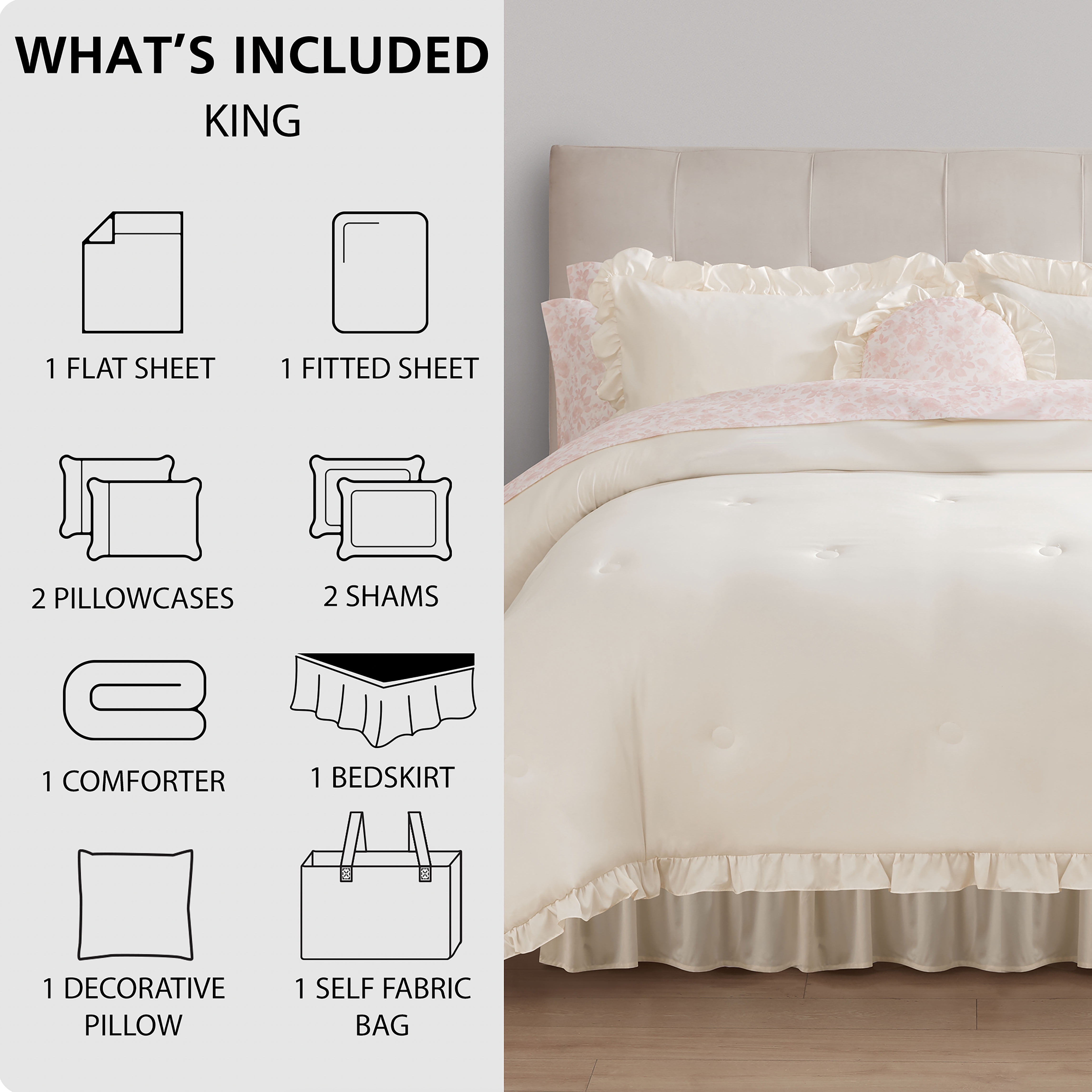 Mainstays All in One Reversible Comforter and Sheet set- 11 Piece, King, Cream Ruffle