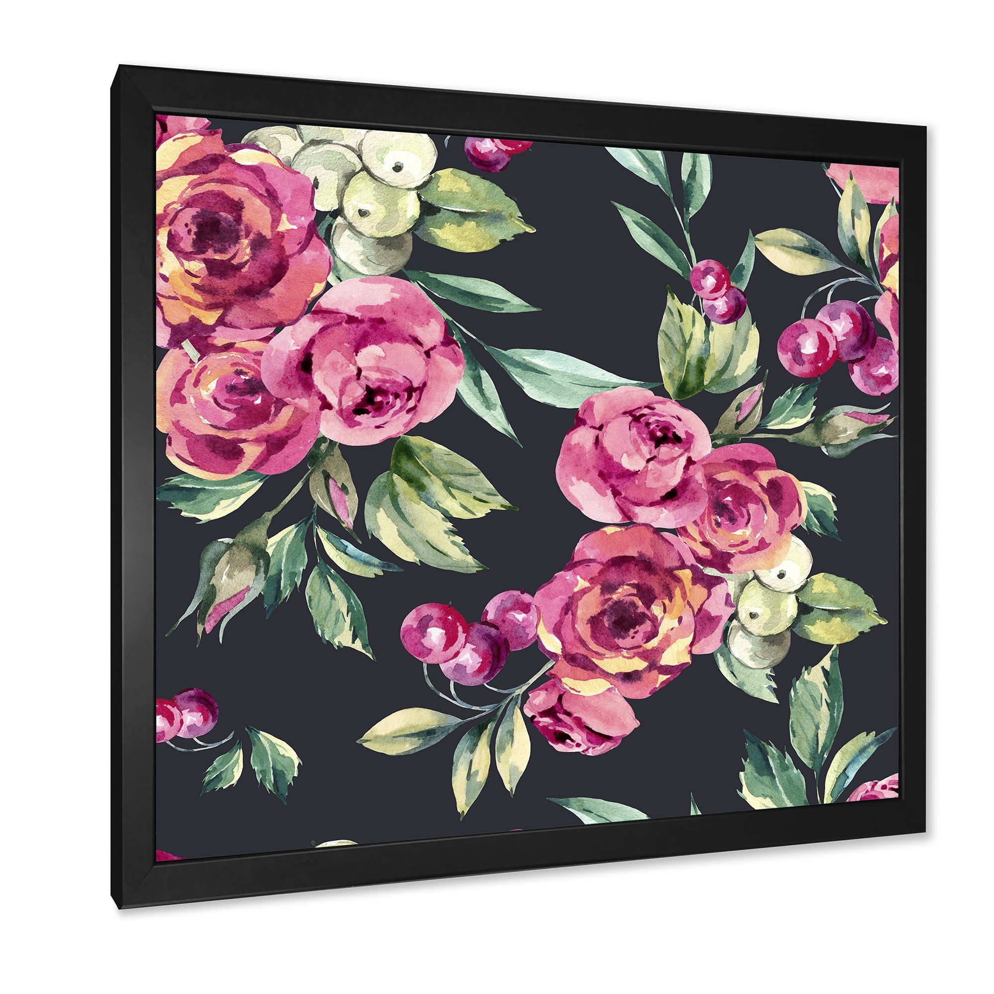 Designart 'Red VIntage Roses and Berries On Black Background' Farmhouse Framed Art Print