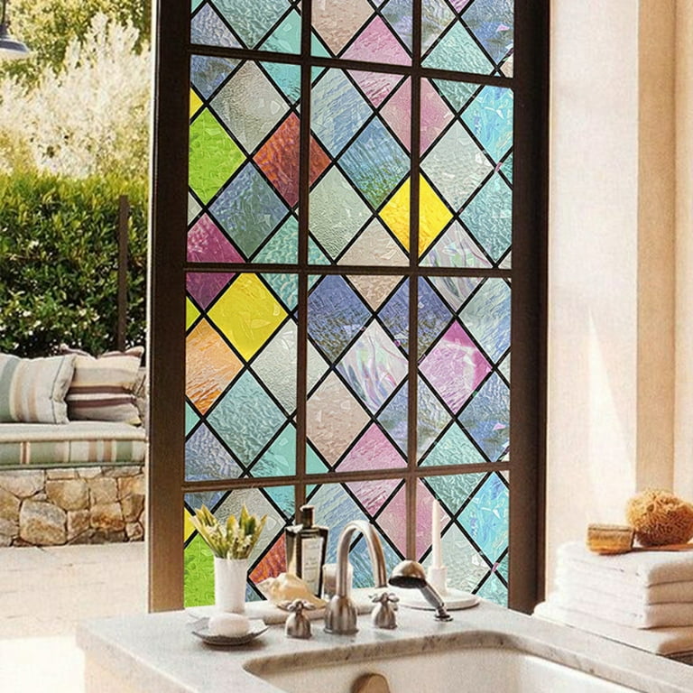 Colorful Stained Glass Window Film Rainbow Door Privacy Films Static Cling Window Tint Decorative Window Decal Heat Cotrol Anti UV for Home and